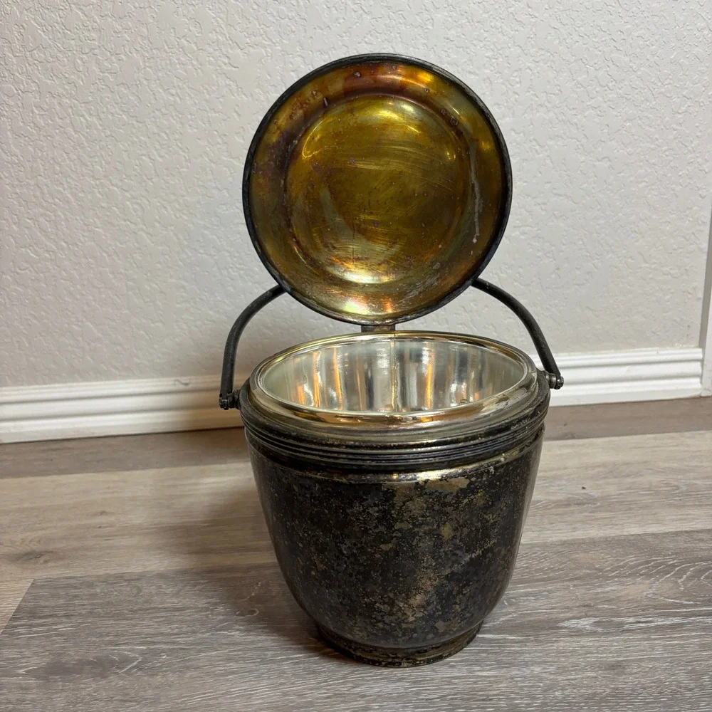 Vintage Silver Plated Ice‎ Bucket Hinged Lid Handle Ornate Lidded Container